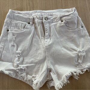 Distressed White Denim Shorts